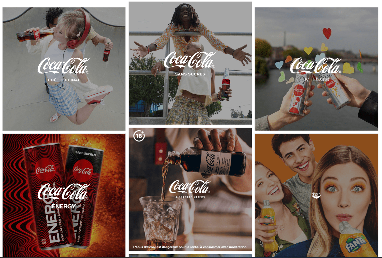 Extrait du site Coca-Cola France montrant toutes les marques détenues par le groupe.