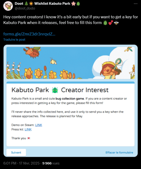 Doot, développeur du jeu Kabuto Park (2025), propose un formulaire à remplir aux créateurs de contenu pour leur donner un exemplaire de son jeu